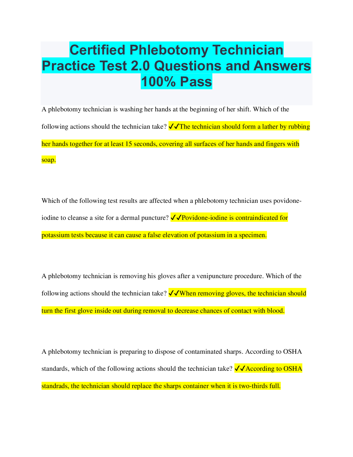 Preview of Certified Phlebotomy Technician Practice Test 2.0 Questions and Answers 100% Pass